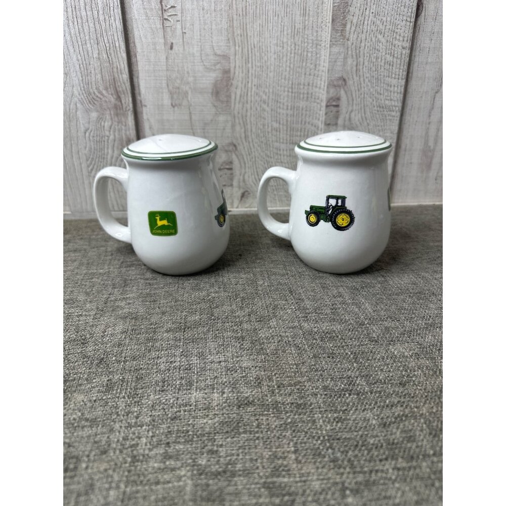 John Deere Gibson Ceramic Tractor Vtg Salt & Pepper Shakers w/ Handle Farmhouse